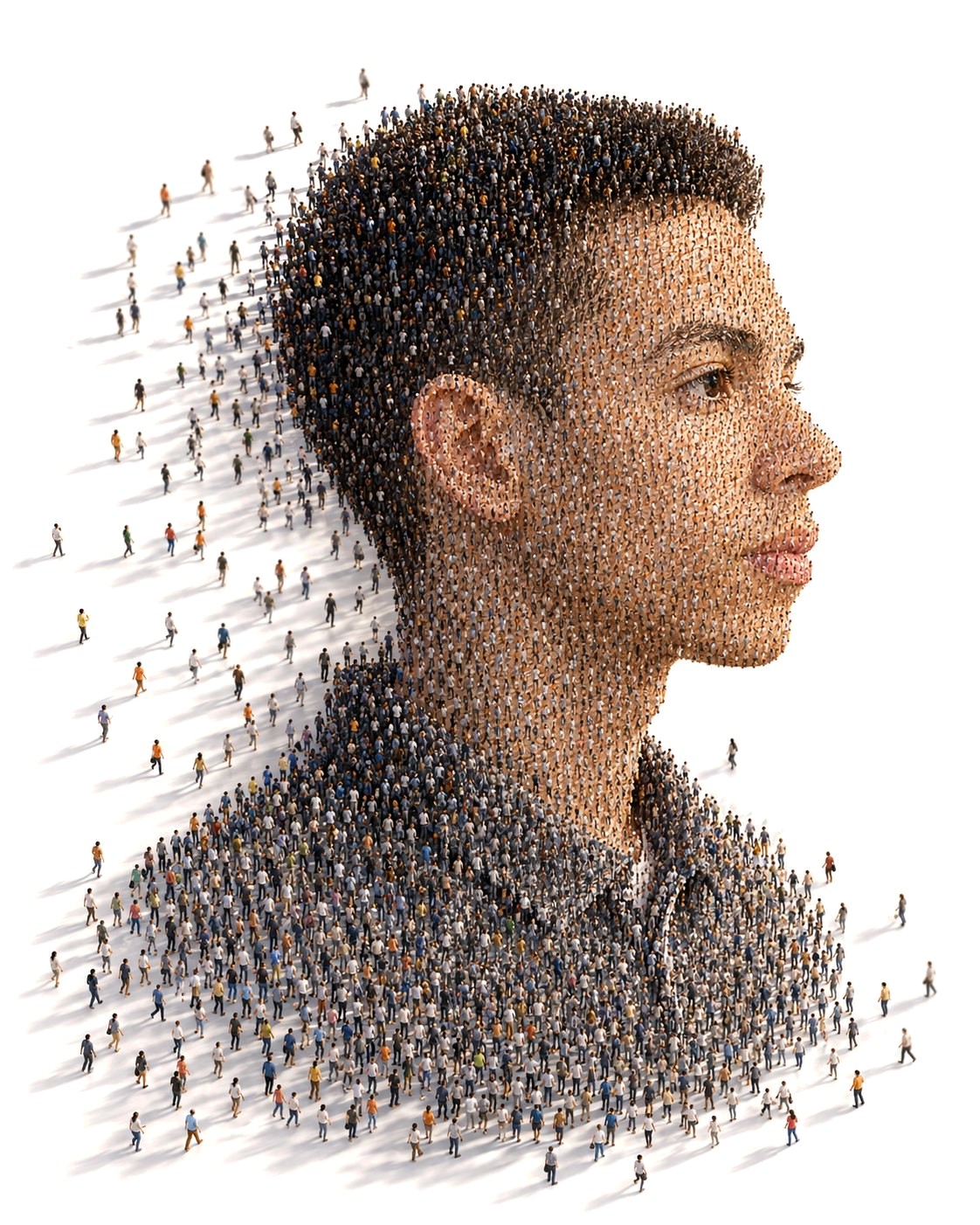 Omar in profile, a portrait made of hundreds of tiny walking people