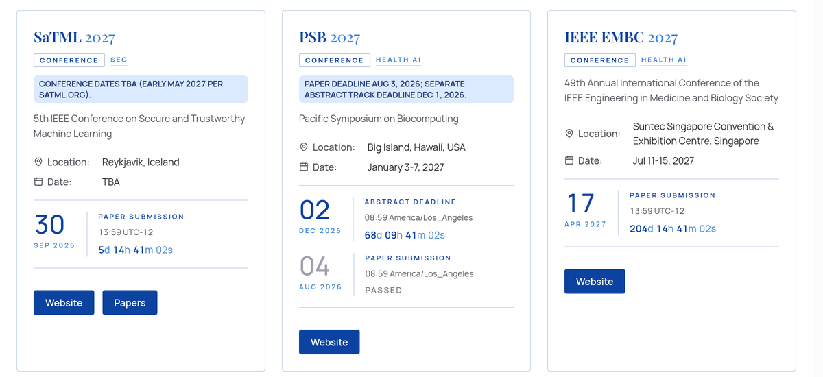 Three conference cards on the LiGHT Conferences Calendar, each with its submission date and a countdown