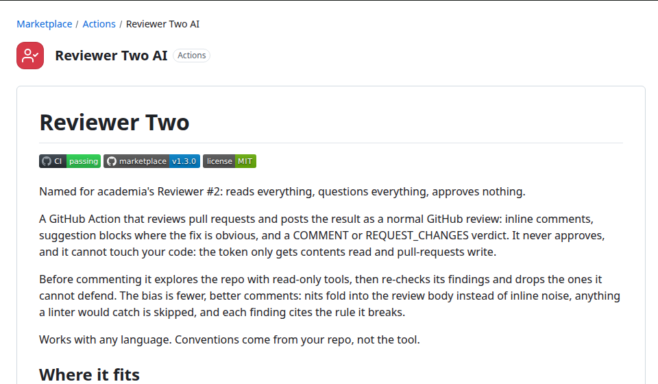 The reviewer-two listing on the GitHub Marketplace