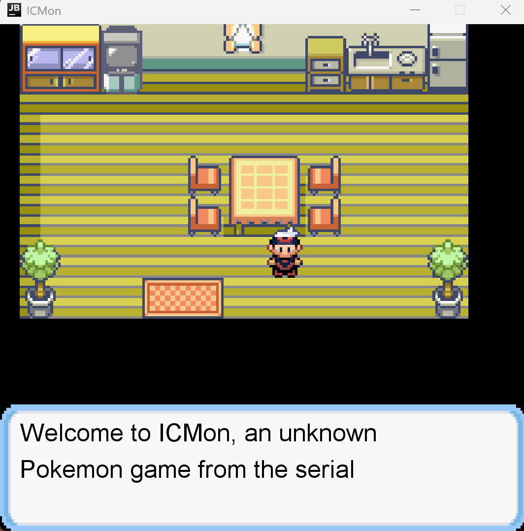 A pixel-art living room with a table and four chairs, and a dialog box that reads Welcome to ICMon.