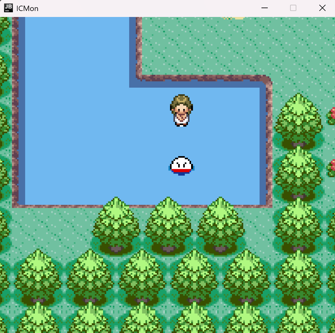A pond among pixel-art trees, with a trainer at the edge of the water and a Pokémon floating on it.