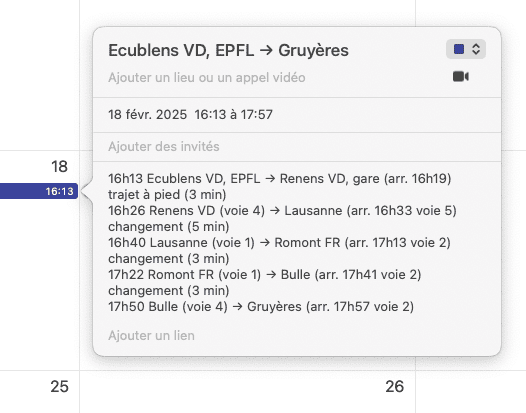 A calendar event on 18 February 2025 from 16h13 to 17h57 that lists each leg and change of the trip.