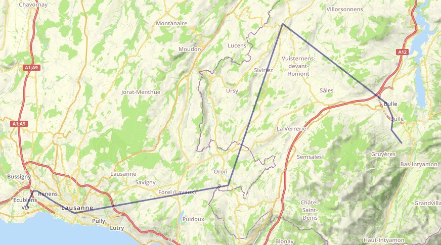 A map of western Switzerland with the trip drawn from Ecublens through Lausanne, Romont and Bulle to Gruyères.