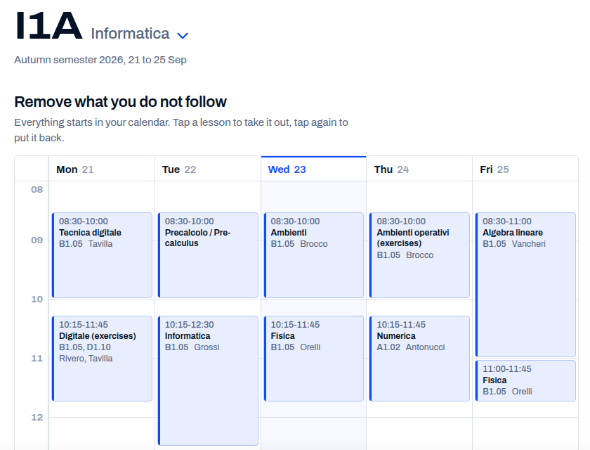 SUPSI Schedule showing a week of lessons for a class
