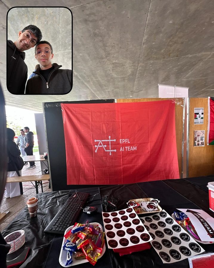 A red EPFL AI Team flag hung above a table of sweets and trays of chocolates; an inset shows two students taking a selfie.