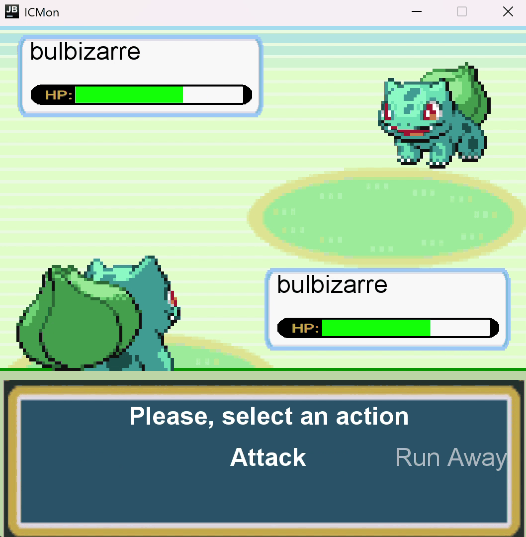 A battle between two Bulbizarre, with their health bars and a menu that offers Attack or Run Away.