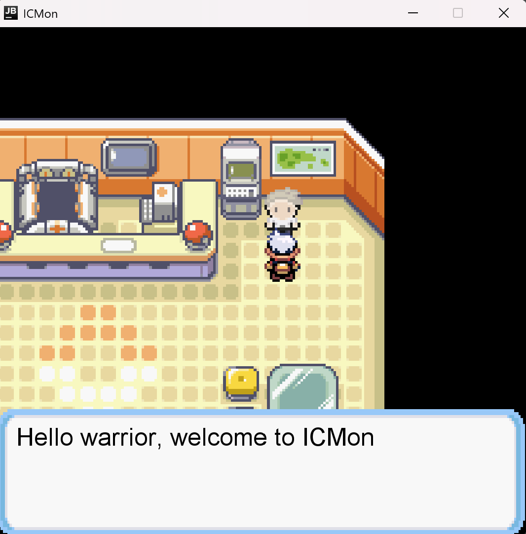 Professor Oak greets the player in his lab, with a dialog box that reads Hello warrior, welcome to ICMon.